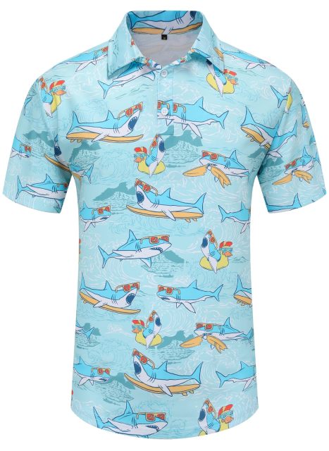 Funny Golf Shirt for Men Dry Fit Short Sleeve Print Men's Shark Golf Polo Shirt