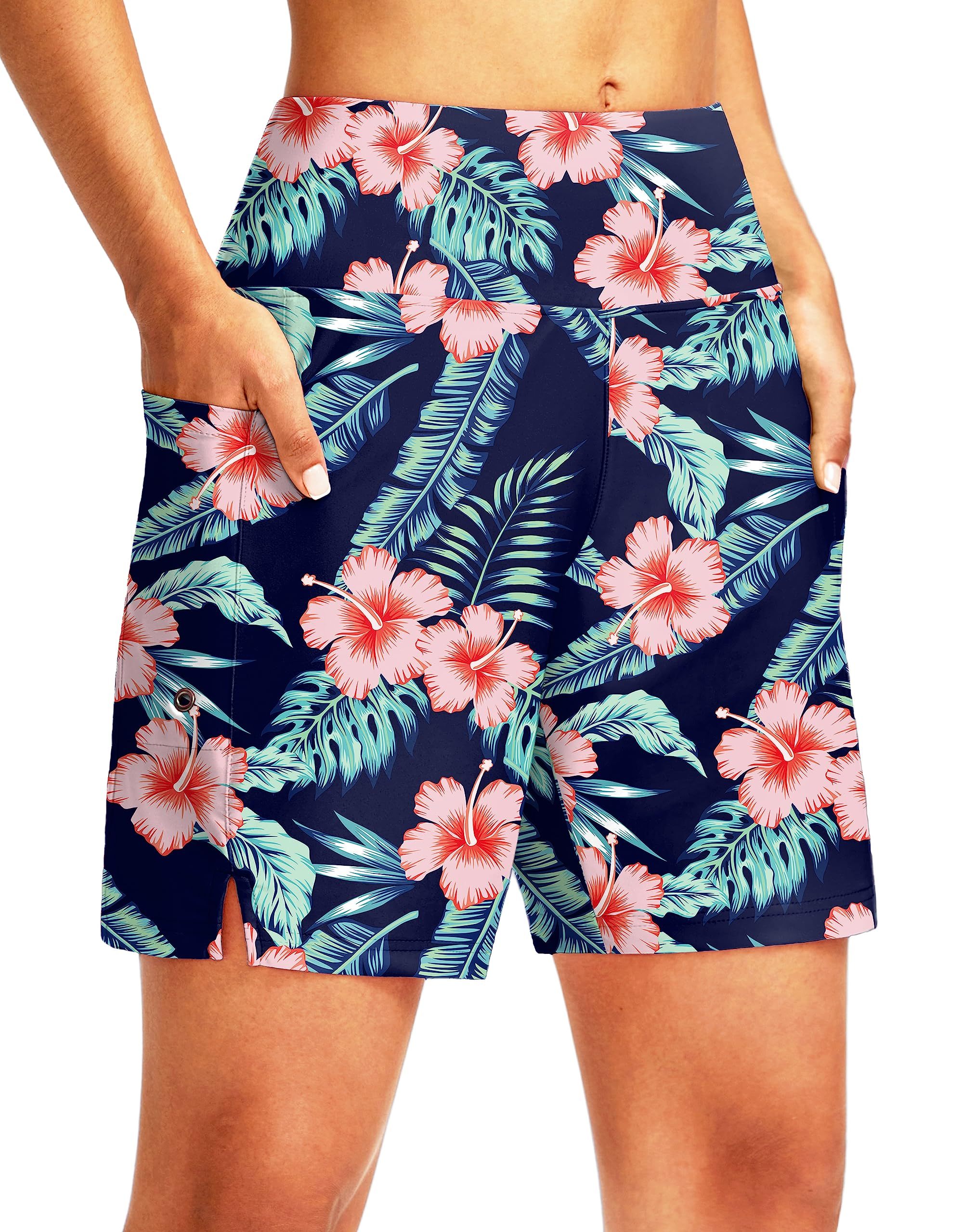 Women's Long Swim Board Shorts with Pockets Beach Swimsuits Knee Length Shorts with Liner
