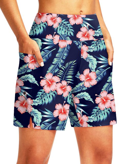 Women's Long Swim Board Shorts with Pockets Beach Swimsuits Knee Length Shorts with Liner