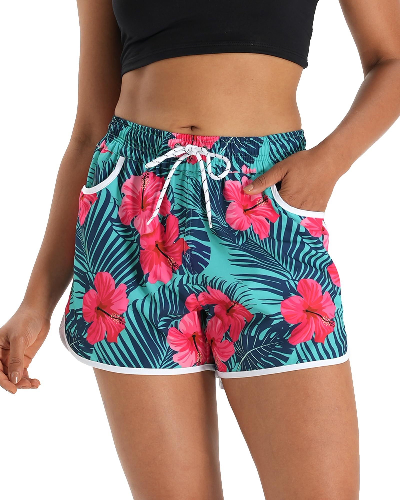 Women's Quick Dry Board Shorts Floral Beach Shorts Swim Shorts with Pockets