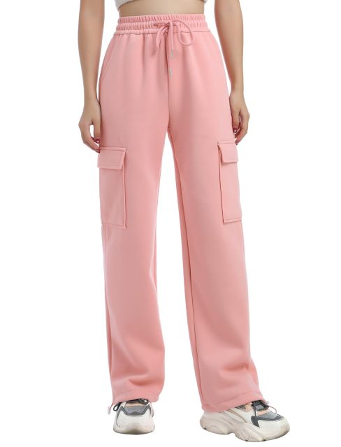 Women's Wide Leg Sweatpants Elastic High Waisted Baggy Drawstring Cuffs Athletic Pants with Pockets