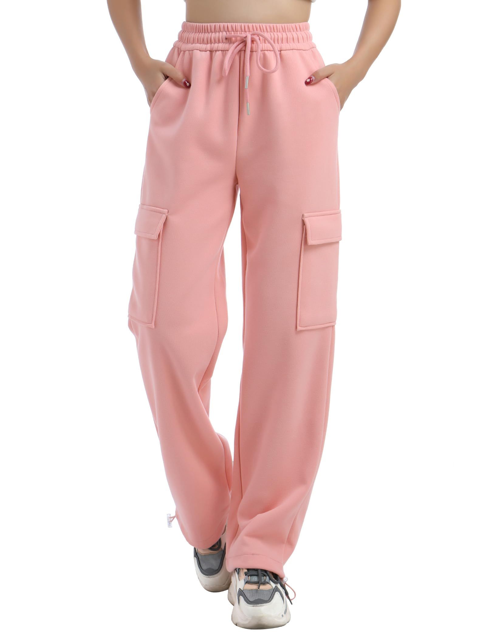 Women's Wide Leg Sweatpants Elastic High Waisted Baggy Drawstring Cuffs Athletic Pants with Pockets