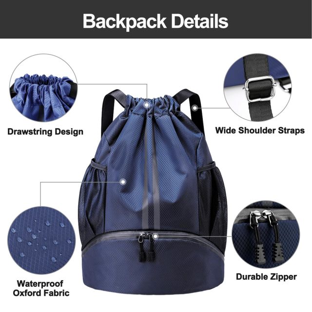Sports Drawstring Backpack String Swim Gym Bag with Shoes Compartment and Wet Proof Pocket
