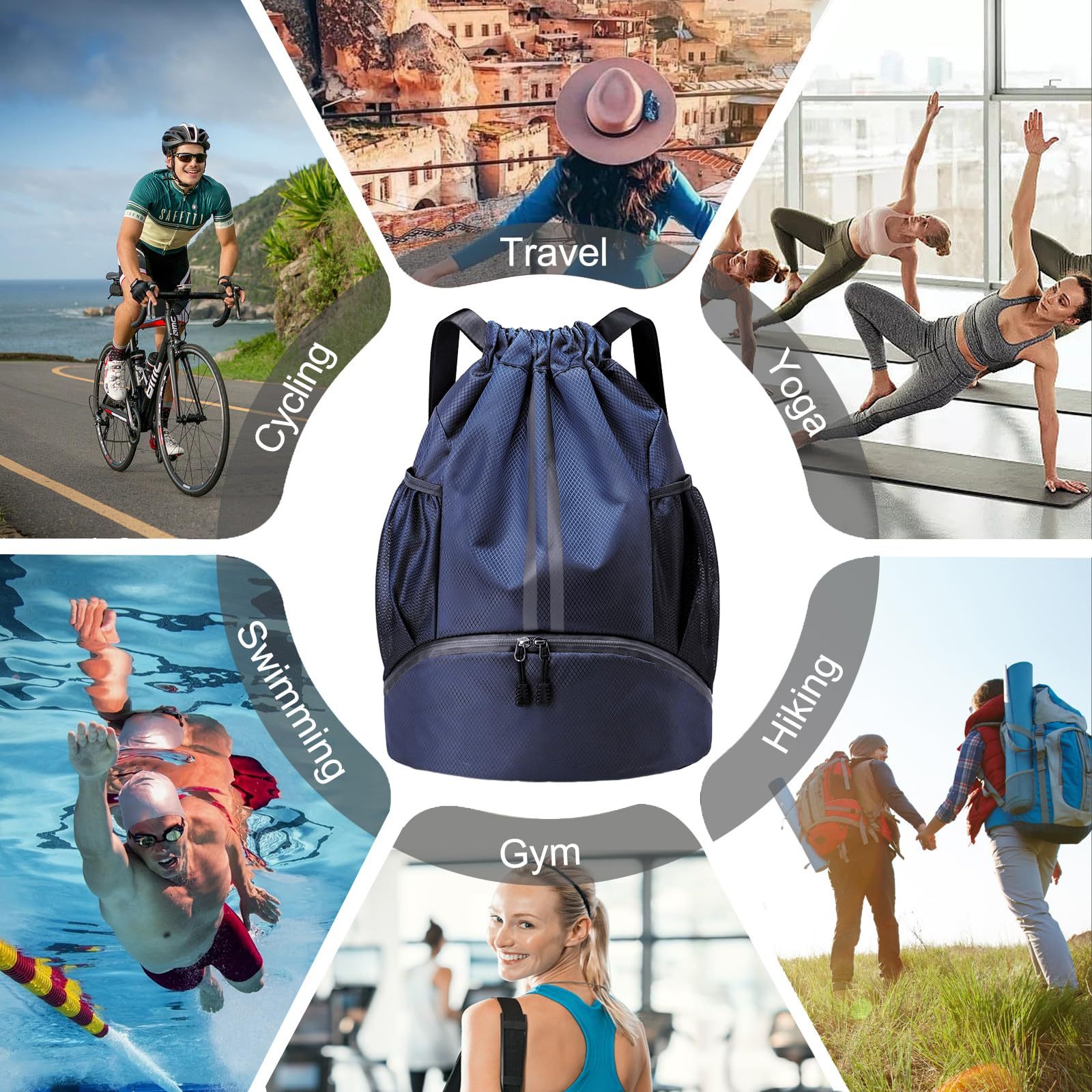 Sports Drawstring Backpack String Swim Gym Bag with Shoes Compartment and Wet Proof Pocket