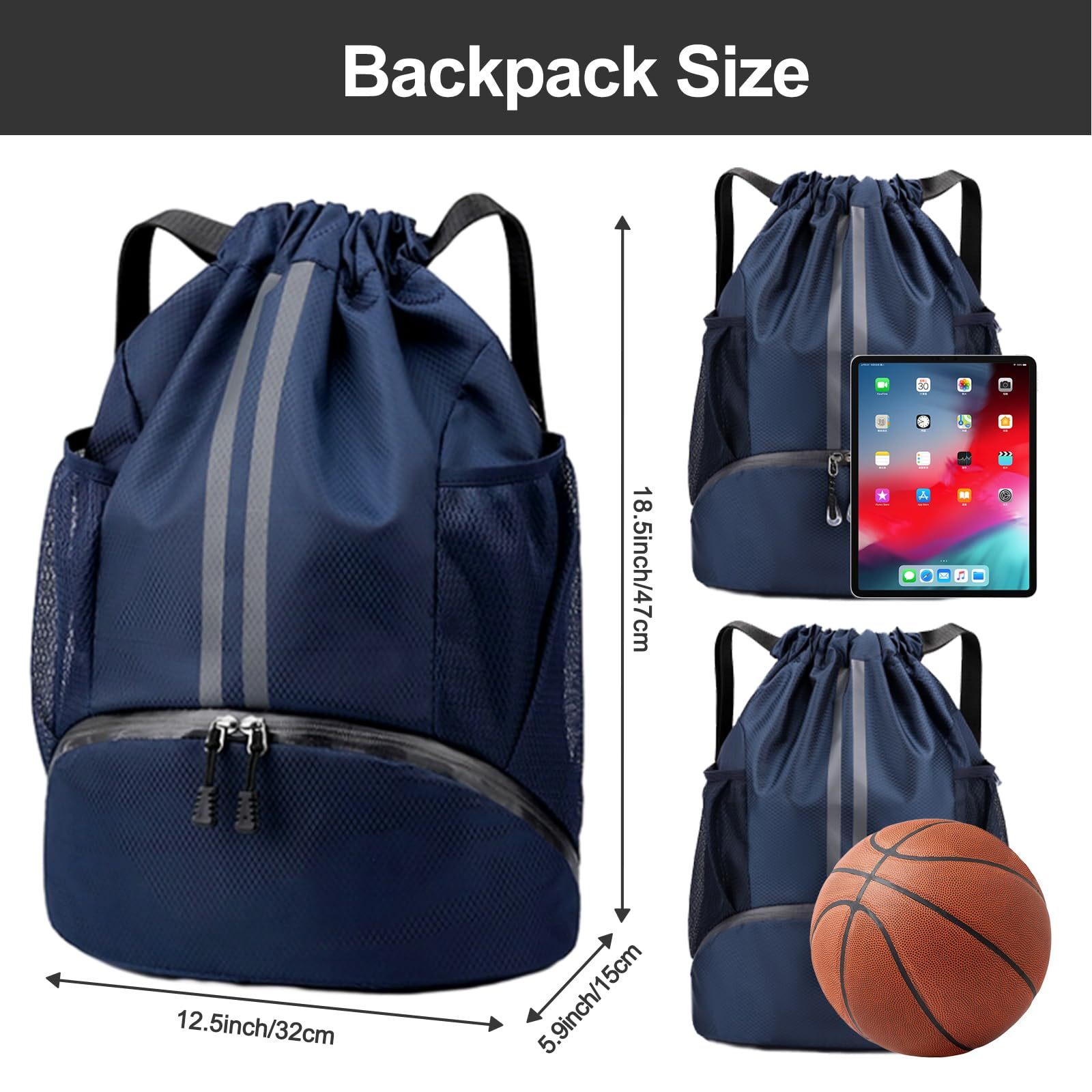Sports Drawstring Backpack String Swim Gym Bag with Shoes Compartment and Wet Proof Pocket