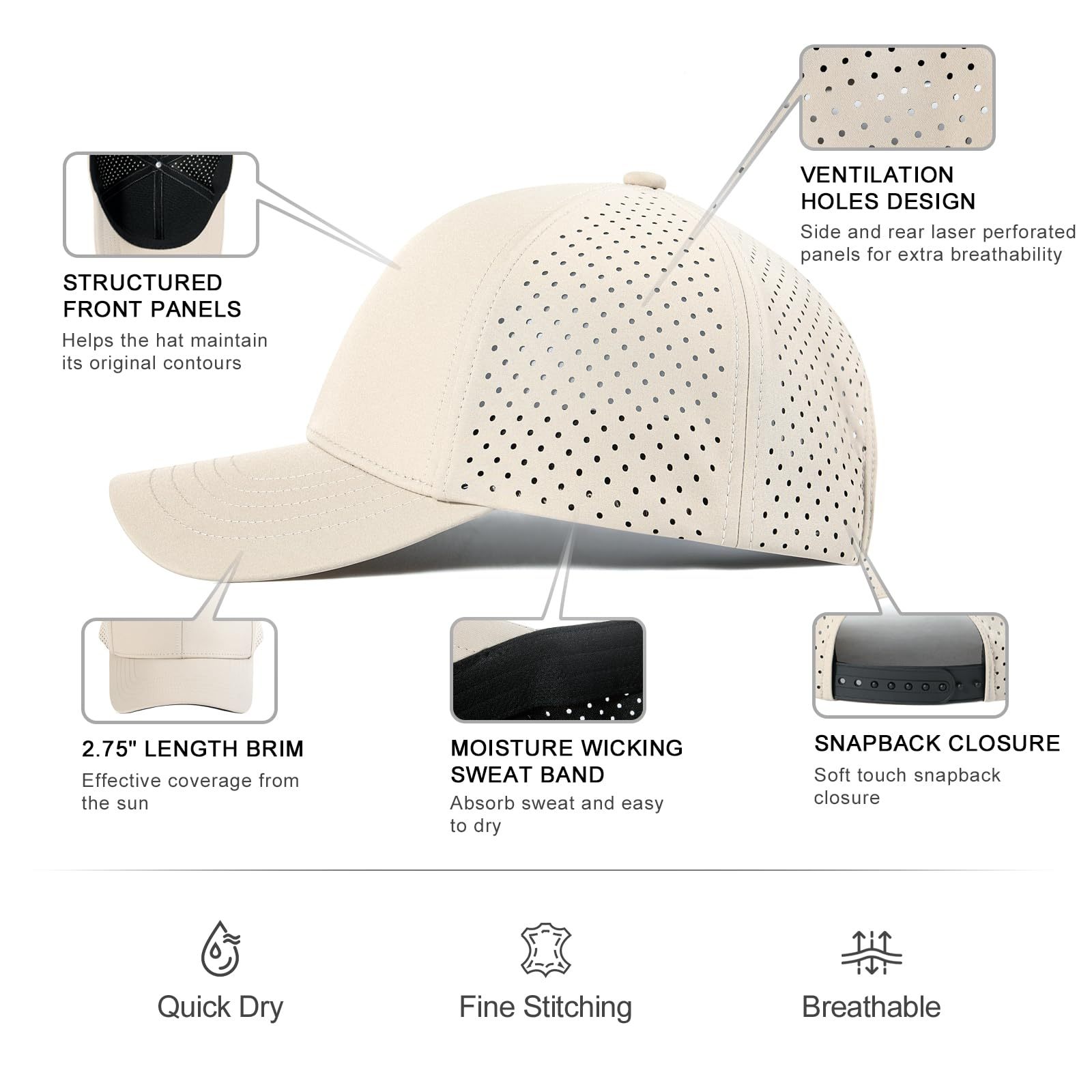 Unisex Quick Dry Baseball Cap Laser Cut Mesh Ball Cap Curved Brim Snapback Hat