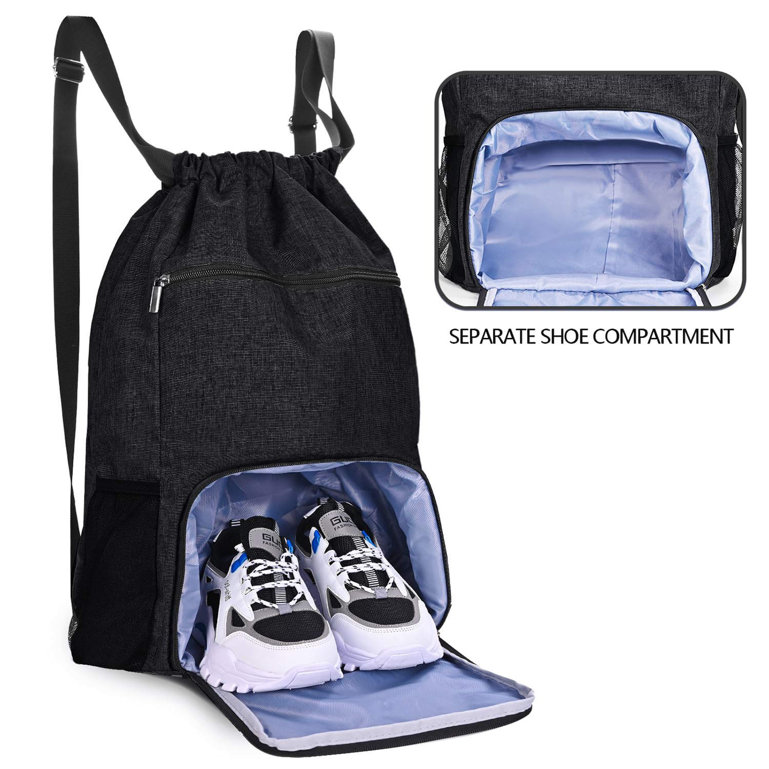 Drawstring Backpack Sports Gym Bag Wet Pocket and Shoe Compartment Water-Resistant String Bag