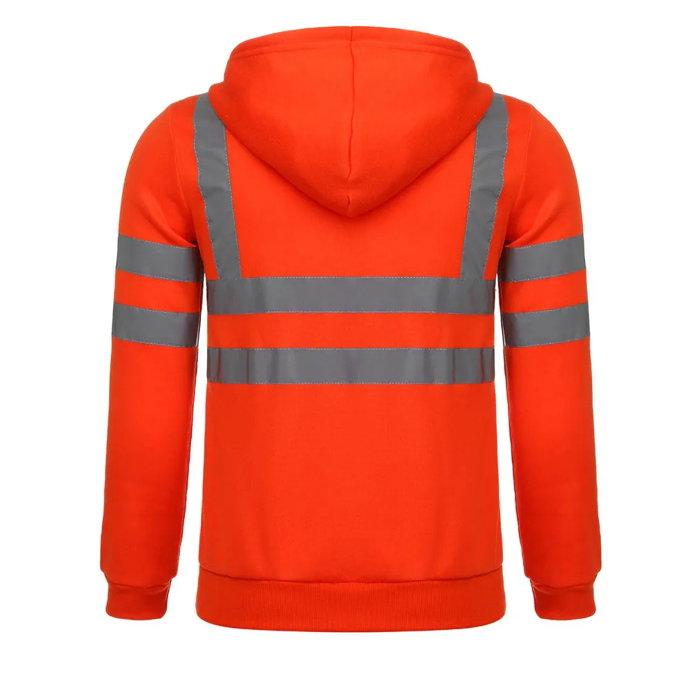 Safety Reflective Hi Vis Hoodie with Zipper Closure and Attached Hood with Drawstrings for Construction Workwear