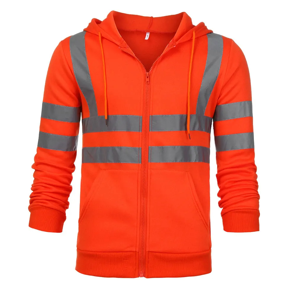 Safety Reflective Hi Vis Hoodie with Zipper Closure and Attached Hood with Drawstrings for Construction Workwear