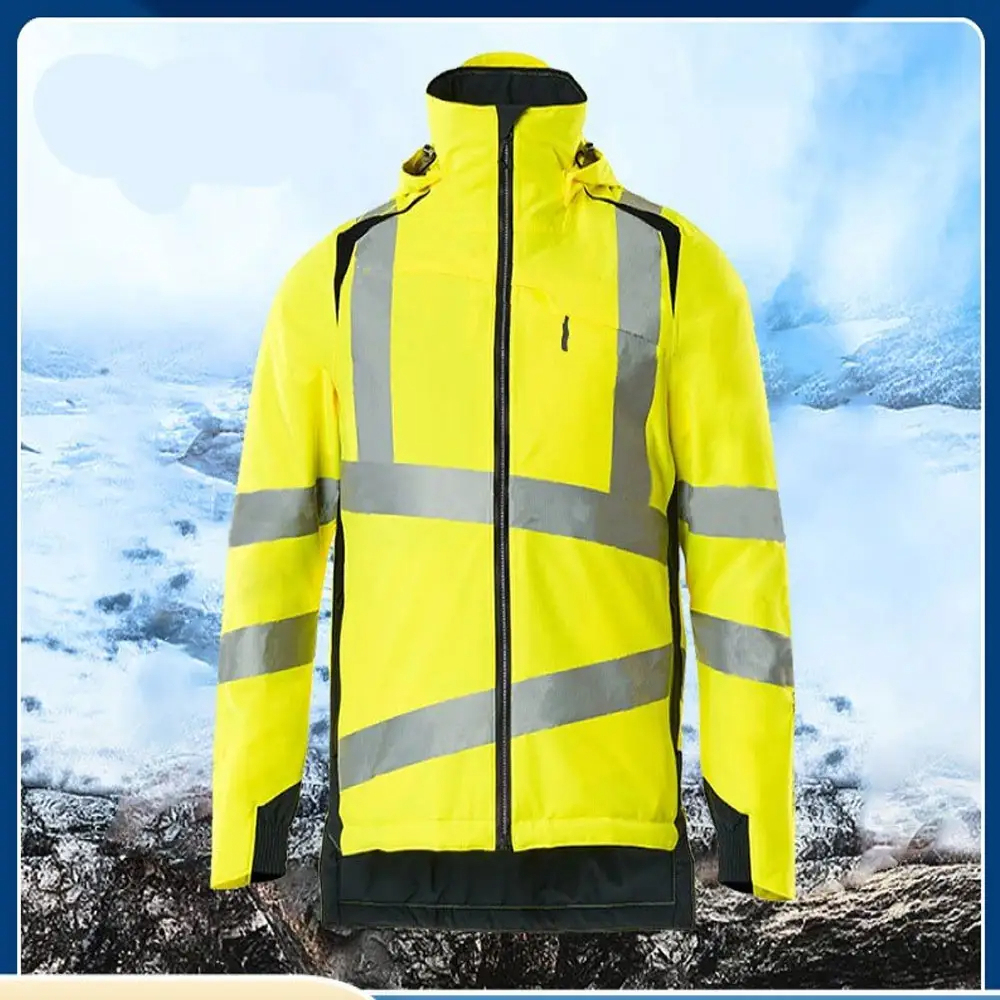 Hi Vis Safety Jacket with Reflective Stripes Fluorescent Workwear Winter Outdoor Unisex Hooded Jacket