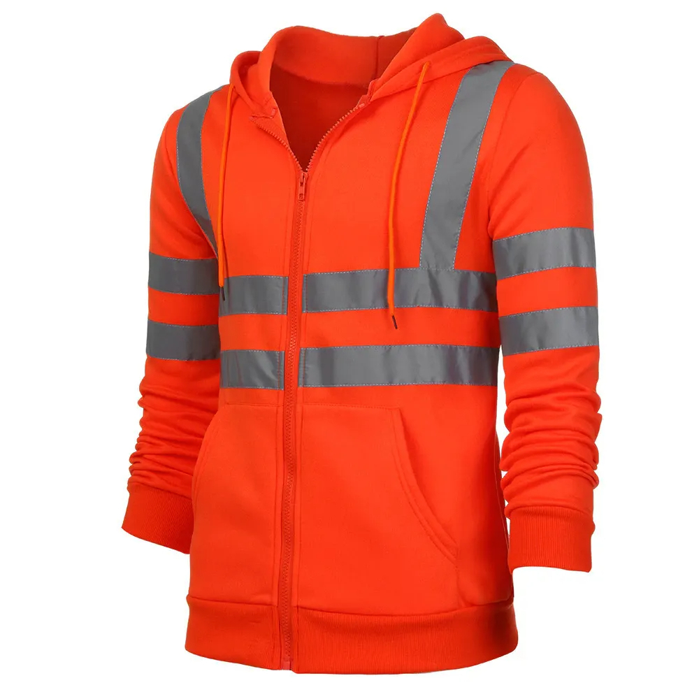 Safety Reflective Hi Vis Hoodie with Zipper Closure and Attached Hood with Drawstrings for Construction Workwear
