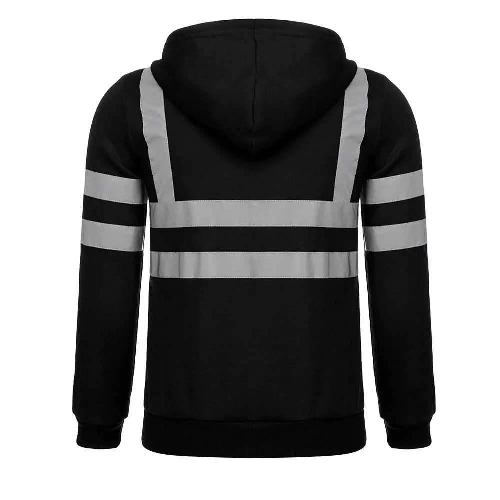 Safety Reflective Hi Vis Hoodie with Zipper Closure and Attached Hood with Drawstrings for Construction Workwear