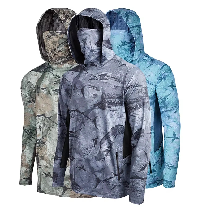 Custom Blank Sun Protection shirts long sleeve Fishing Hoodie Polyester Quick Dry Mask Hooded Men's Fishing Shirt With Hood