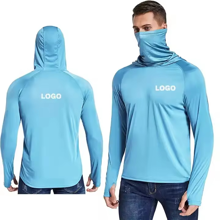 Custom Logo Men's UPF 50+Uv Protection Fishing Jersey Shirts Quick Dry Long Sleeve Hooded Fishing Shirts with Neck Gaiter