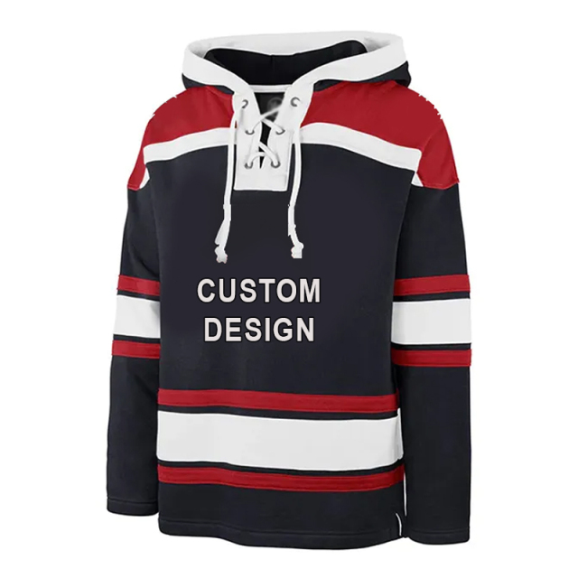 High Quality Tackle Twill Embroidery Hockey Hoodies Custom Made Winter Fleece Ice Hockey Hoodie with Laces Ice Hockey Hoodie