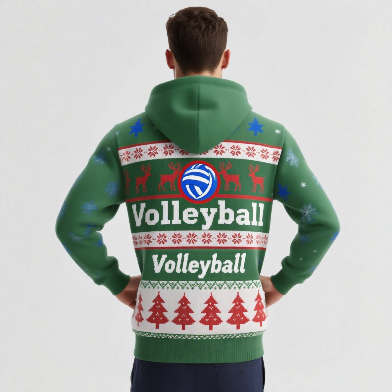 Custom Red Kelly Green Christmas Reindeers Sports Pullover Sweatshirt Christmas Design Hoodie