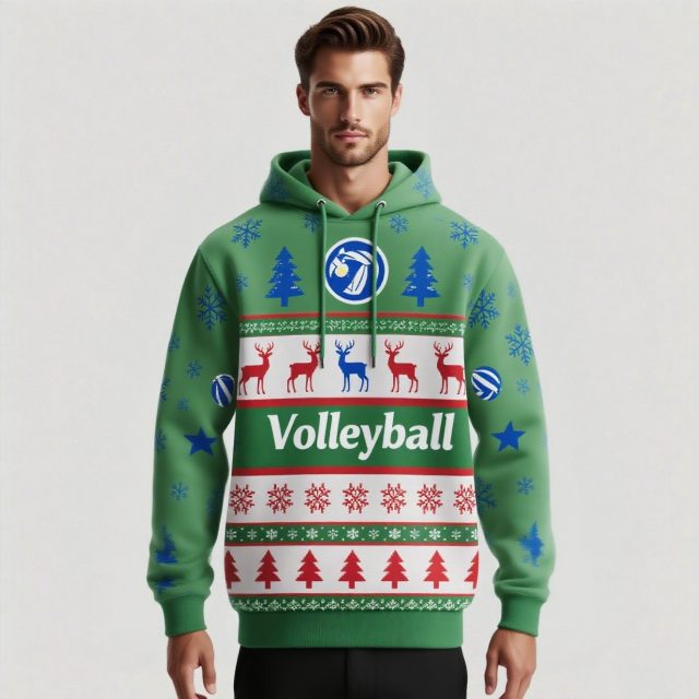 Custom Red Kelly Green Christmas Reindeers Sports Pullover Sweatshirt Christmas Design Hoodie