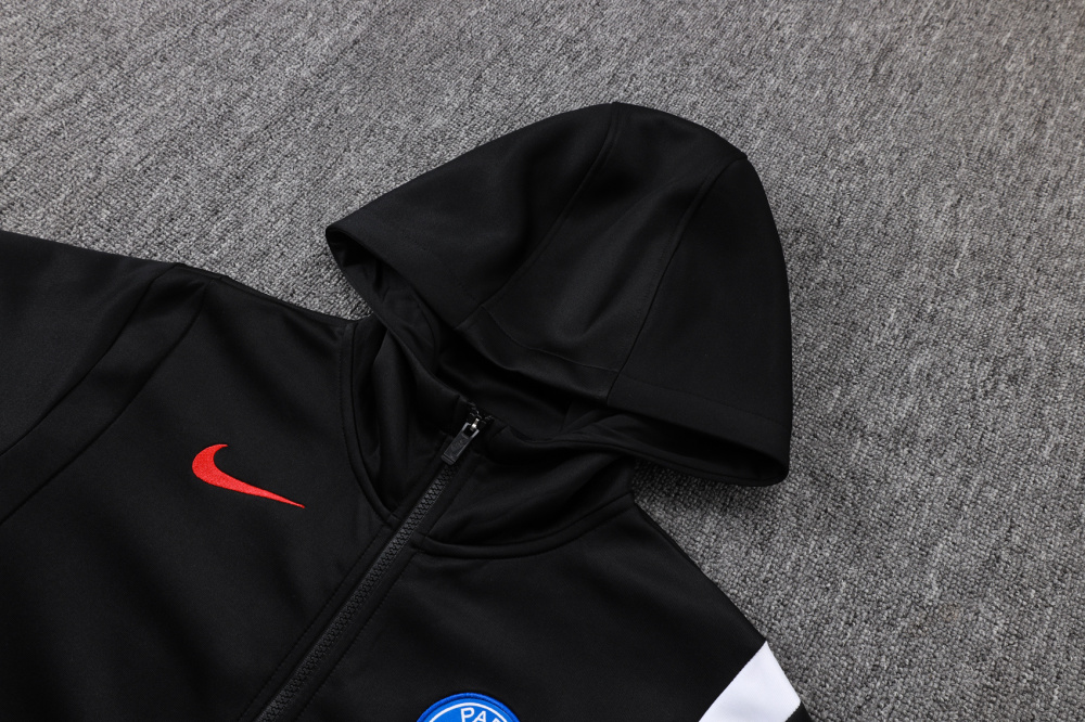 2025/2026 Paris Saint-Germain Black and White Long-Sleeved Training Suit Kit with Long Zipper and Hood