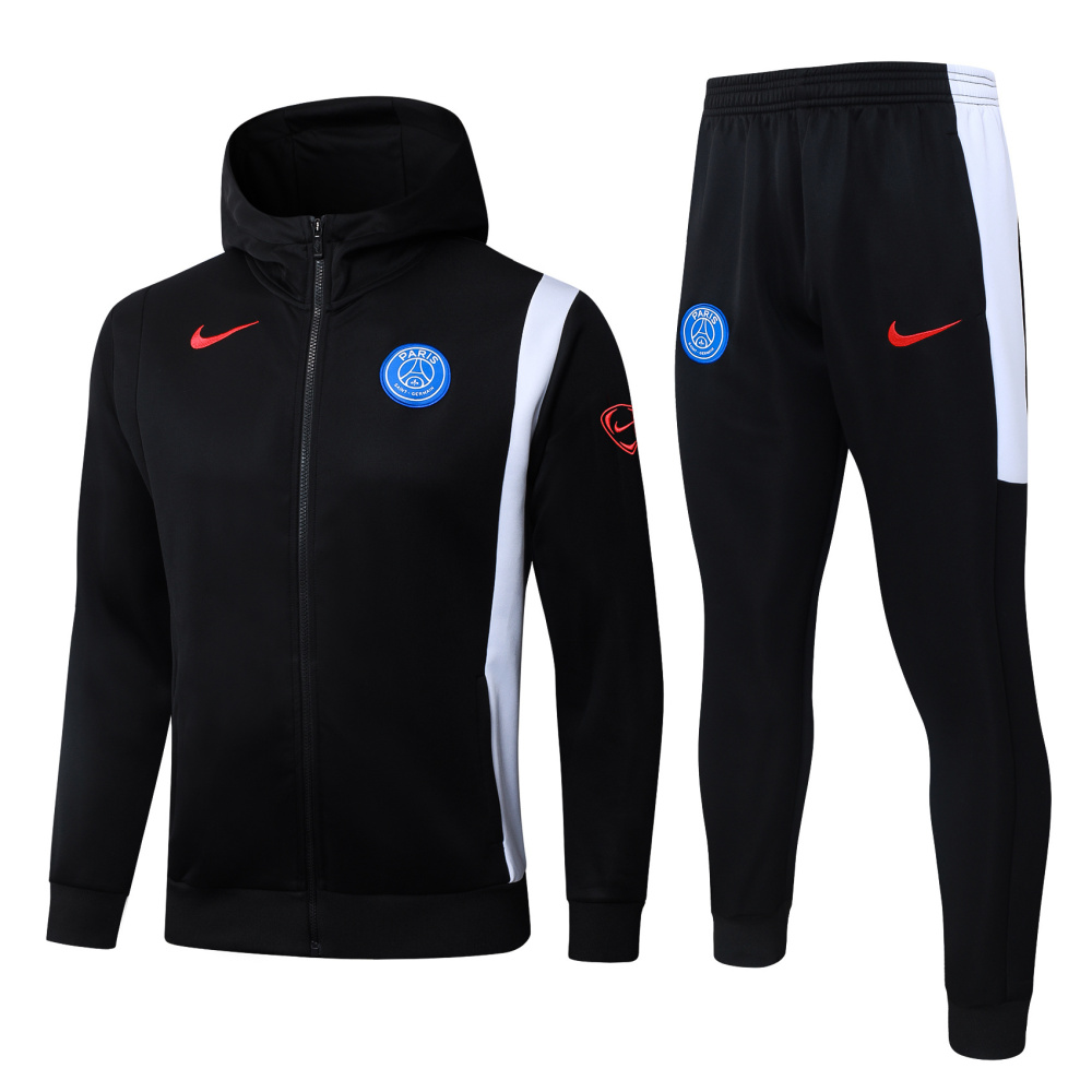 2025/2026 Paris Saint-Germain Black and White Long-Sleeved Training Suit Kit with Long Zipper and Hood