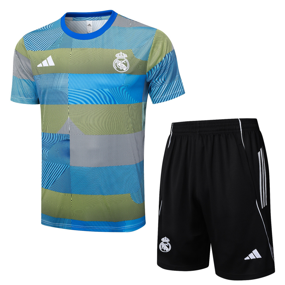2025/2026 Real Madrid Blue and Green Striped Short-Sleeve Training Kit