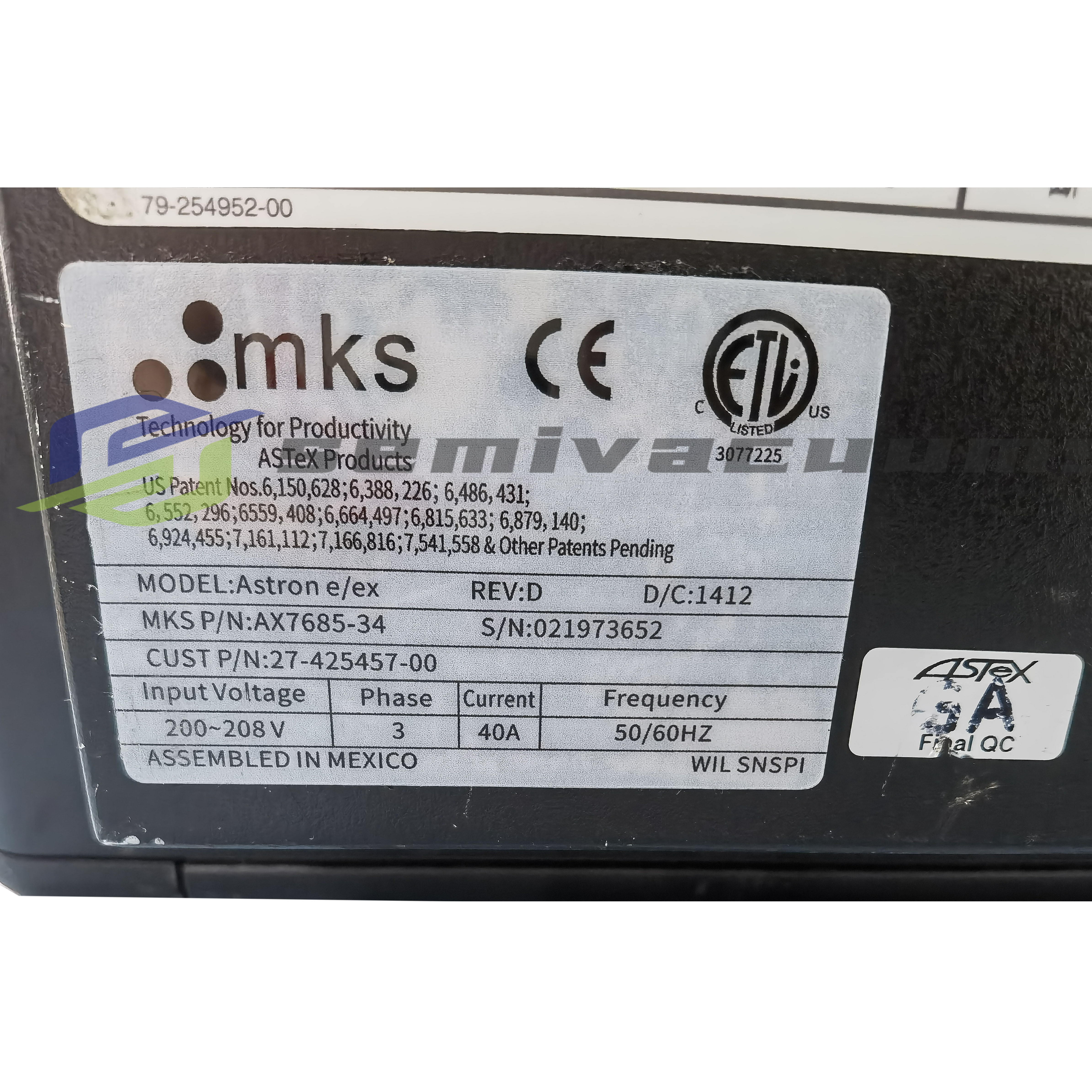 MKS RPS  ASTEX ASTRON e/ex (4-8L) AX7685-34 PN 27-425457-00 Used