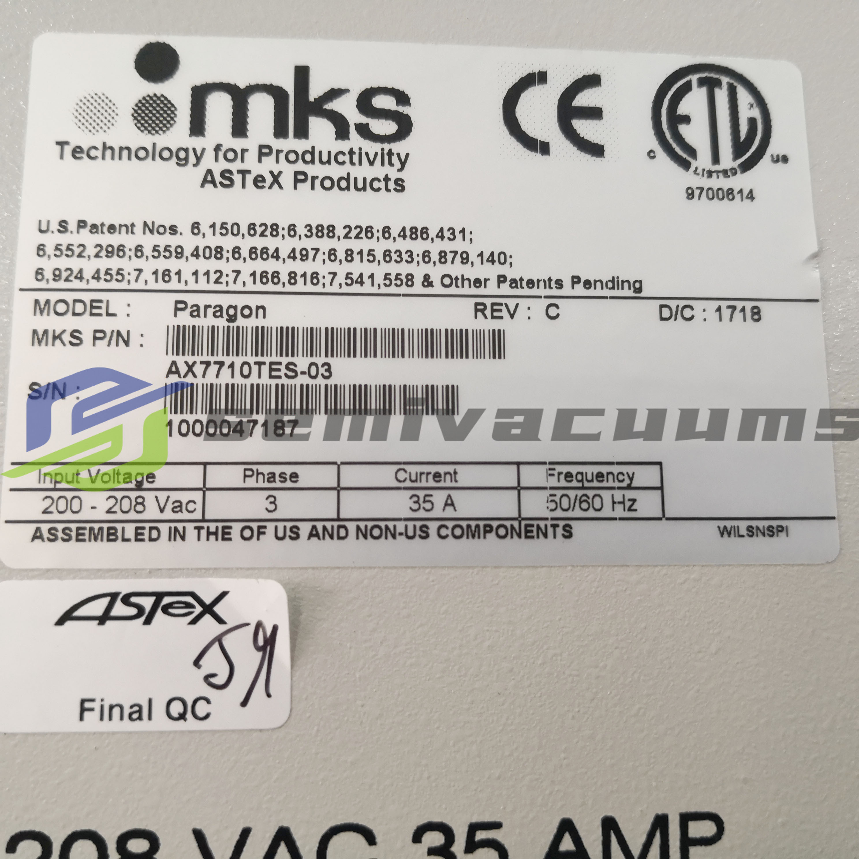 MKS PARAGON AX7710TES-03 RPS 8slm NF3 Flow Intelligent Remote Plasma Source Used AS-IS