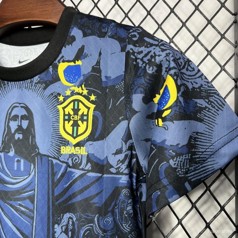 Brazil  2024 Kids Christ The Redeemer Dark Blue Special Jersey-Short sleeves+bottoms