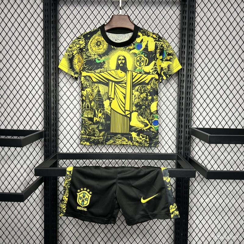 Brazil 2024 Kids Christ The Redeemer Yellow Special Jersey-Short sleeves+bottoms