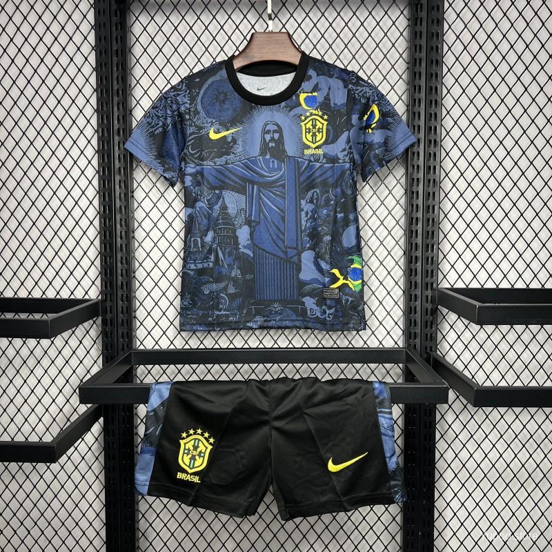 Brazil  2024 Kids Christ The Redeemer Dark Blue Special Jersey-Short sleeves+bottoms