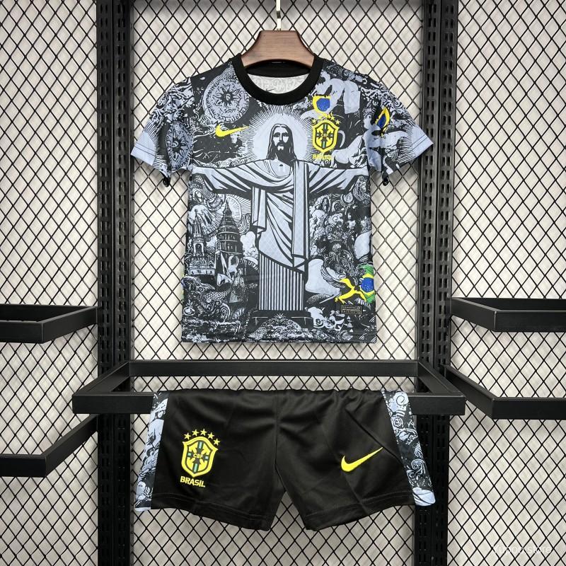 Brazil 2024 Kids Christ The Redeemer Grey Special Jersey-Short sleeves+bottoms