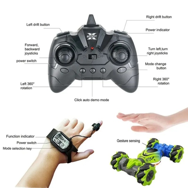 Ponyobaby Newest 4WD RC Stunt Car 2.4G Radio with 1/2/3 Battery Remote Control Cars RC Watch Gesture Sensor Rotation Electronic Toys Gifts