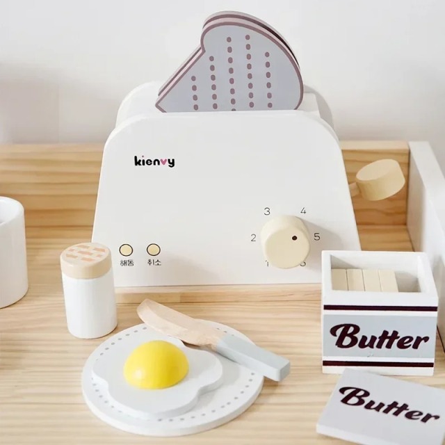 Ponyobaby Wooden Kitchen Pretend Play Toy Simulation Wooden Coffee machine Toaster Machine Food Mixer Baby Early Learning Educational Toys