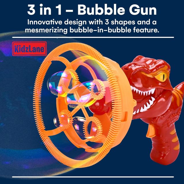 Ponyobaby Dino Bubble Blower - Super Fun Handheld Bubble Blower Gun - Dinosaur Toy for Kids, Toddlers - Bubble Machine Turns into a Fan - for Parties, Easter Baskets, and Bathtime Fun - Ages 4-8