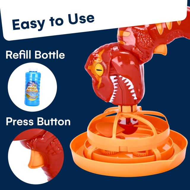 Ponyobaby Dino Bubble Blower - Super Fun Handheld Bubble Blower Gun - Dinosaur Toy for Kids, Toddlers - Bubble Machine Turns into a Fan - for Parties, Easter Baskets, and Bathtime Fun - Ages 4-8