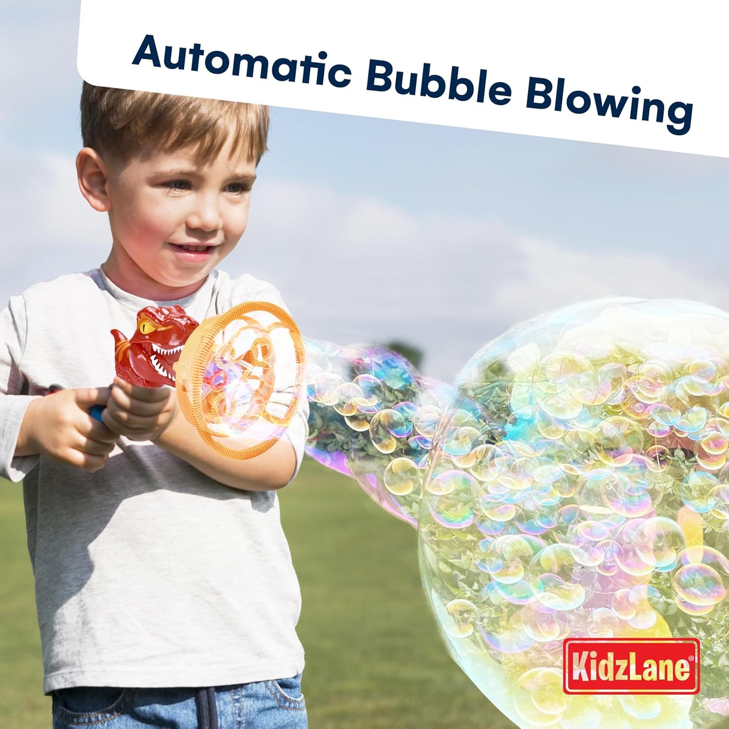 Ponyobaby Dino Bubble Blower - Super Fun Handheld Bubble Blower Gun - Dinosaur Toy for Kids, Toddlers - Bubble Machine Turns into a Fan - for Parties, Easter Baskets, and Bathtime Fun - Ages 4-8
