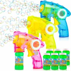 Ponyobaby Bubble Blaster Gun Set of 3 (No Batteries Needed) Includes LED Bubbles Guns and 6 Bottles Fluid, Outdoor, Indoor Fun Gift Idea, Summer Party Favors