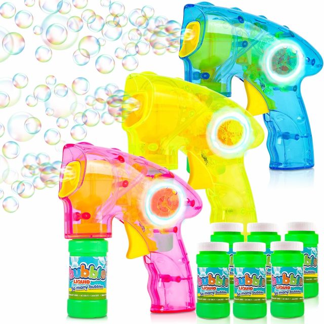 Ponyobaby Bubble Blaster Gun Set of 3 (No Batteries Needed) Includes LED Bubbles Guns and 6 Bottles Fluid, Outdoor, Indoor Fun Gift Idea, Summer Party Favors