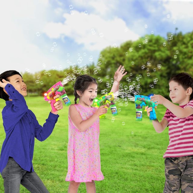 Ponyobaby Bubble Blaster Gun Set of 3 (No Batteries Needed) Includes LED Bubbles Guns and 6 Bottles Fluid, Outdoor, Indoor Fun Gift Idea, Summer Party Favors