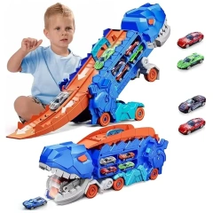 Ponyobaby Transport Dinosaur Truck with Foldable into Standing Transforms Sliding Race Track T-rex Best Birthday Gifts Toys Boys And Girls