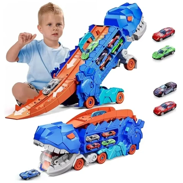 Ponyobaby Transport Dinosaur Truck with Foldable into Standing Transforms Sliding Race Track T-rex Best Birthday Gifts Toys Boys And Girls