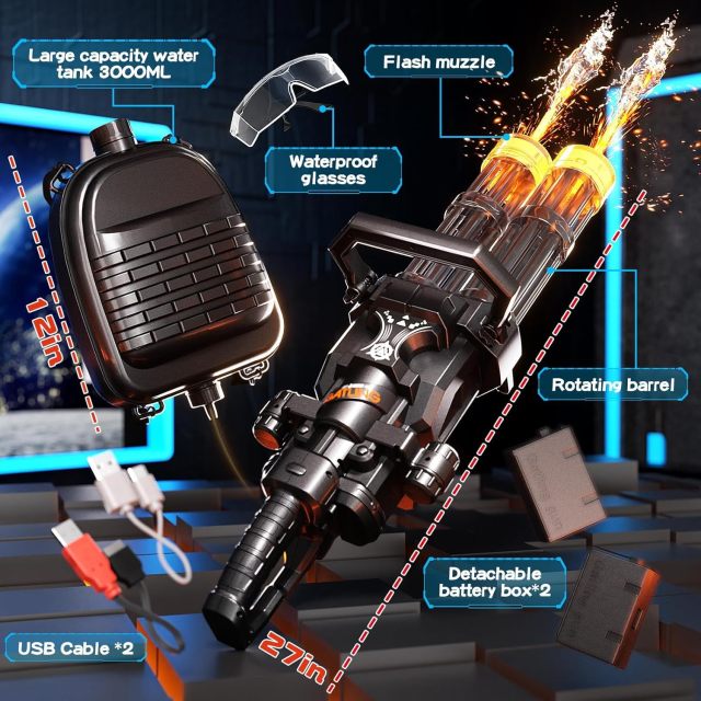 Ponyobaby Electric Water Gun for Adults, New Double Barrel Squirt Gun with Rotating and LED Light, Long Range Automatic Water Guns with Backpack, Two Batteries, Outdoor Toys for Kids Ages 8-12