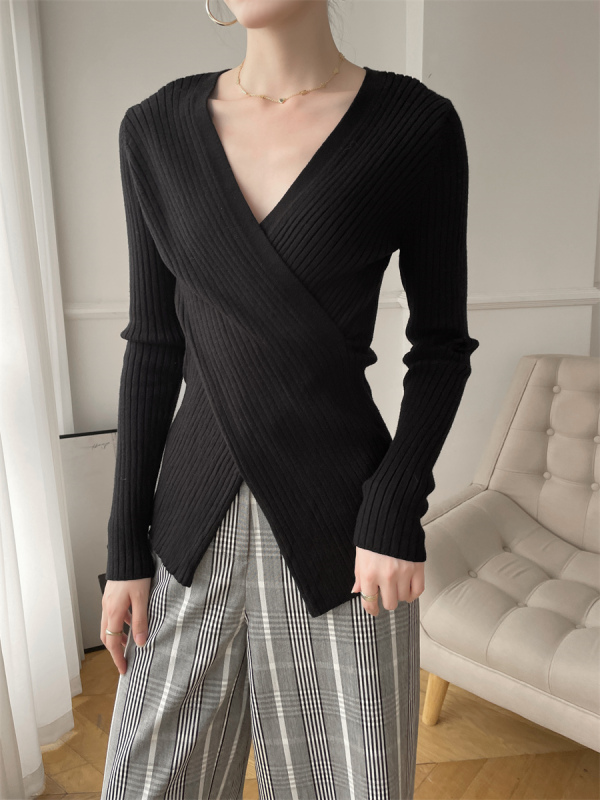 Black V-neck cross sweater