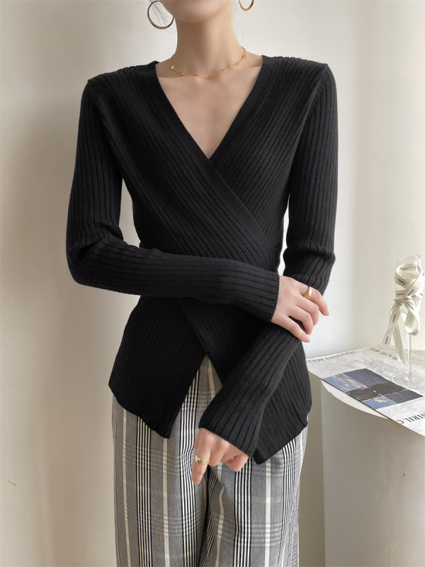 Black V-neck cross sweater