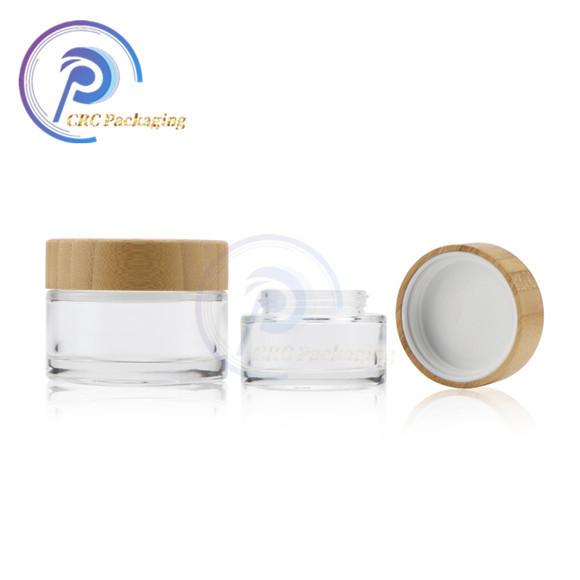 Clear glass cosmetic body cream jar with wood lids for skincare packaging set cosmetic glass jars with wood lid