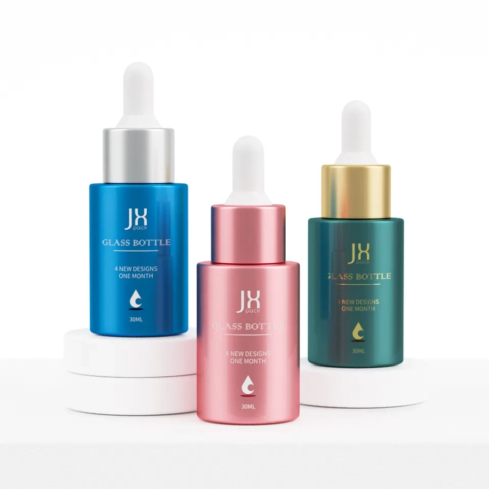 Custom Cosmetic Skin Care Bottle Packaging Colored Flat Shoulder Round 30ml Glass Essential Oil Bottle 1oz Dropper Bottles
