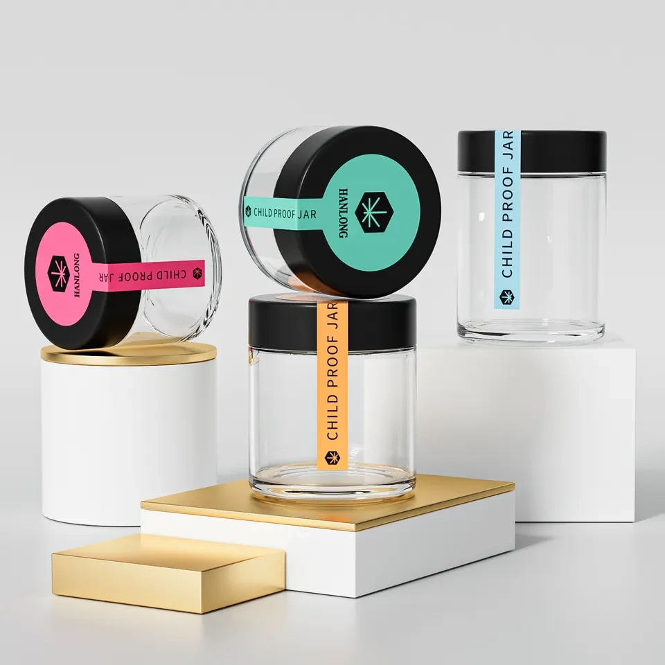 High quality custom design 1oz 2oz 3oz 4oz child resistant glass container dry flower glass jars with black CRC cap