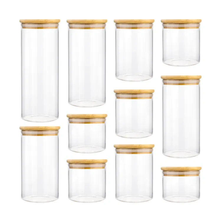 Eco-friendly clear storage bottles jars kitchen bamboo food containers coffee spice storage jar