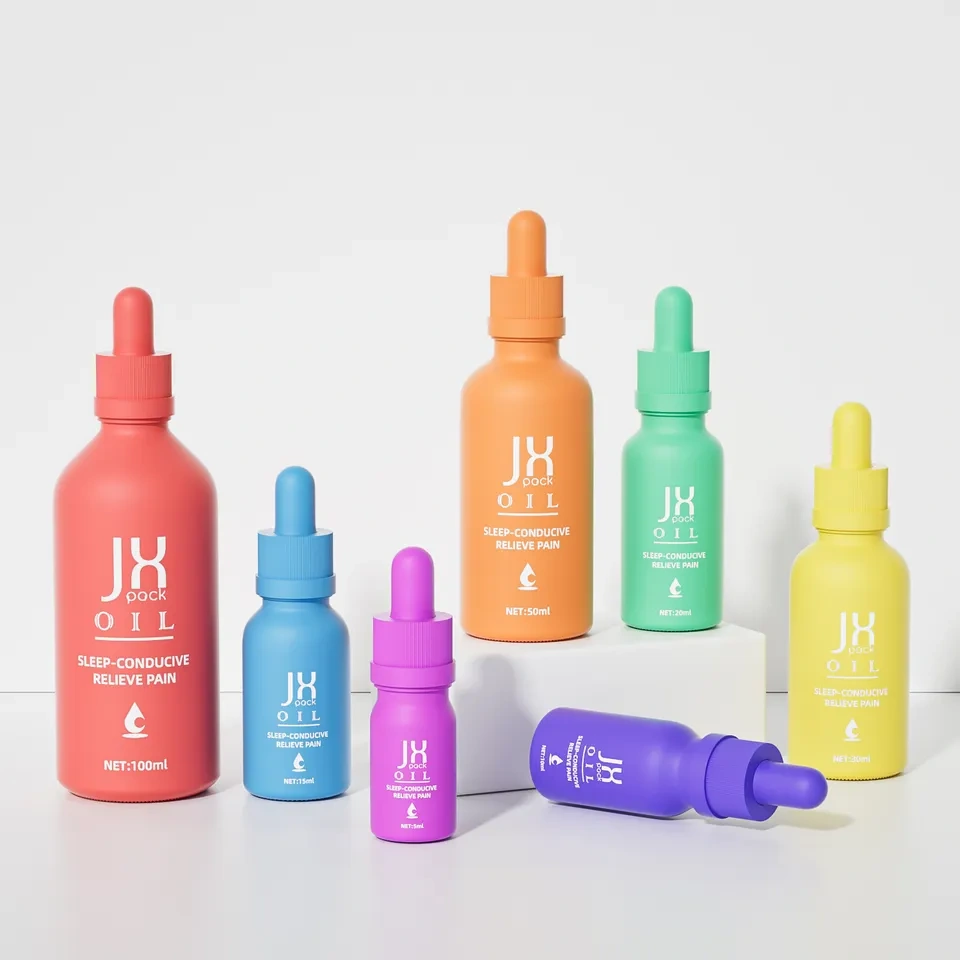 10ml 30ml 1oz luxury cosmetic packaging custom pink blue flat shoulder bottle skin care glass essential oil dropper bottle