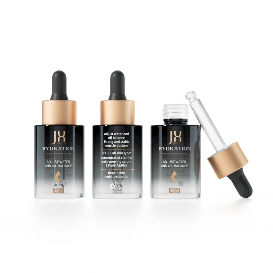 Luxury Cosmetic Packaging Round Skin Care Serum Dropper Bottle 50 Ml 30 Ml Gradient Black 2 oz Glass Bottle With Dropper