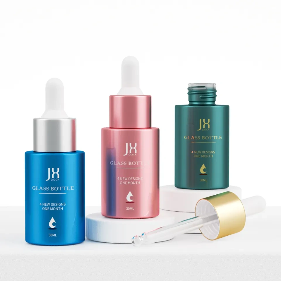 Custom Cosmetic Skin Care Bottle Packaging Colored Flat Shoulder Round 30ml Glass Essential Oil Bottle 1oz Dropper Bottles